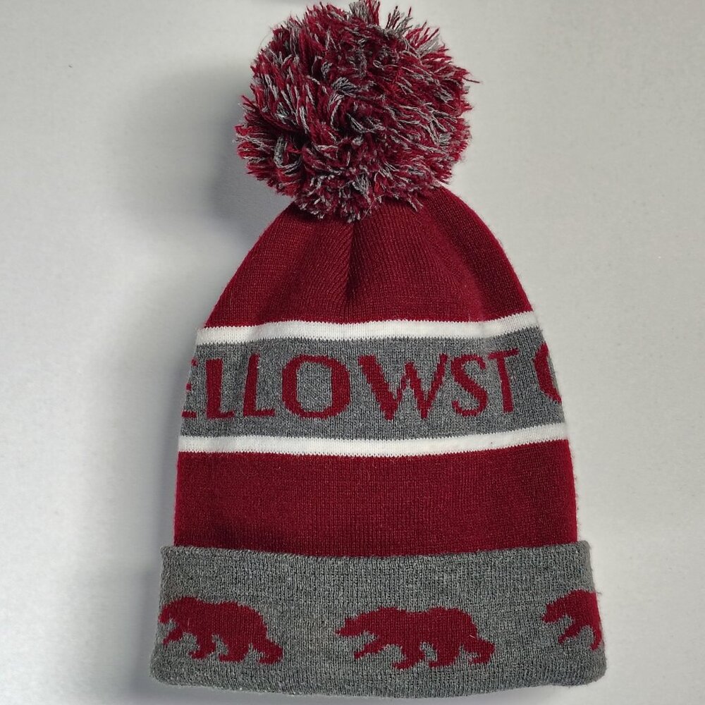 Yellowstone National Park Knit Beanie Hat Acrylic‎ Spellout Bear Pom Pom